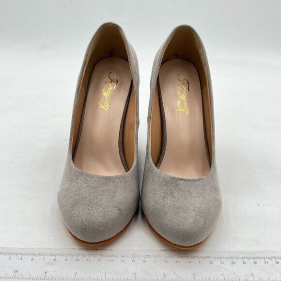 FOWT Grey Wedge Almond Toe Thick High Heel Slip On Comfy Faux Suede Pump - Picture 3 of 8